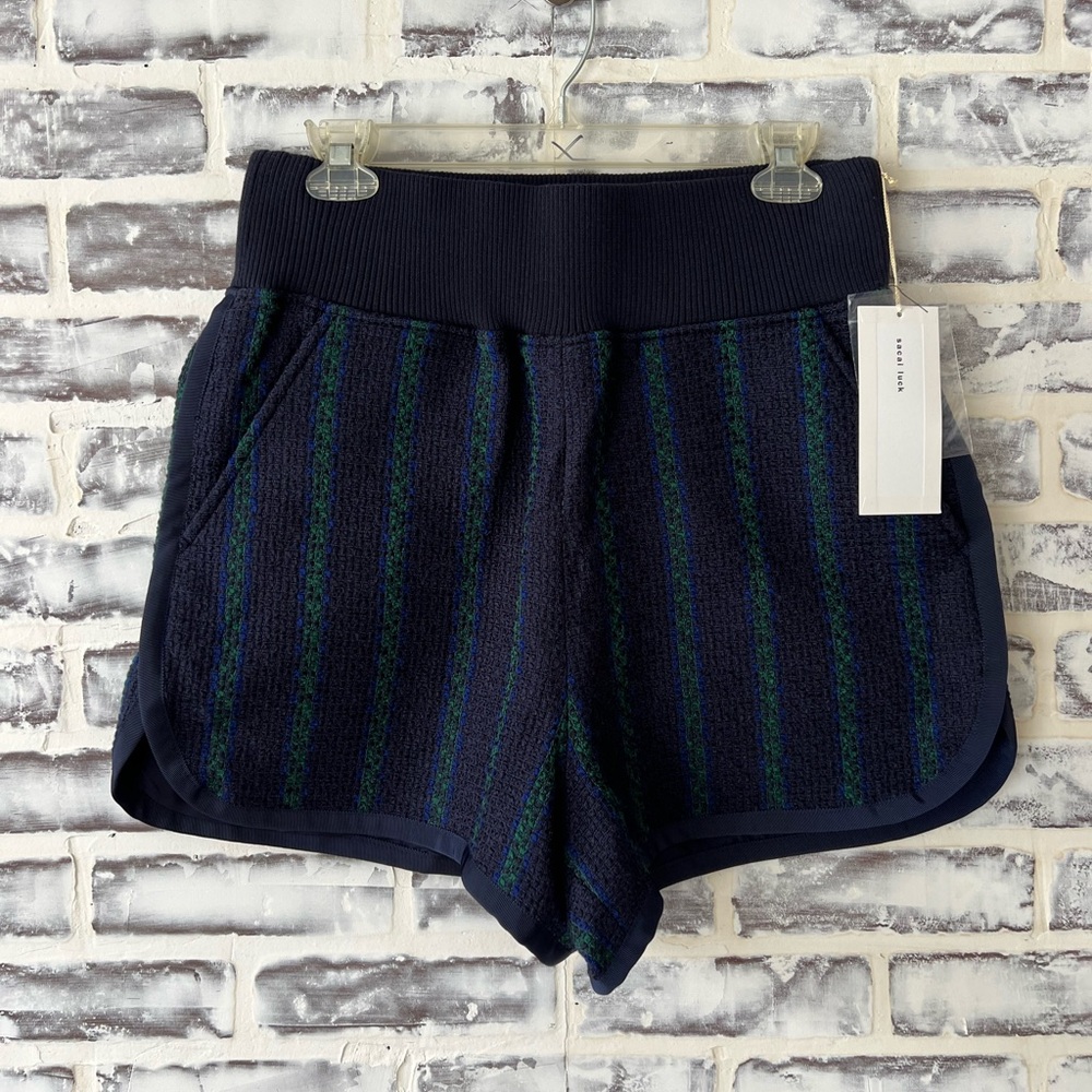Sacai Luck, polyester, green/navy shorts, size 4